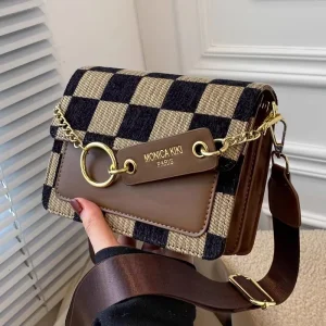 New Fashion Square Checkered Pattern Chains Cover Versatile Texture Women’s Crossbody Bag