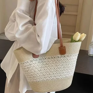 New Fashion Summer Beach Vacation Straw Woven Bag for Women Fancy Shoulder Tote Bag Women Travel Straw Totes Bags
