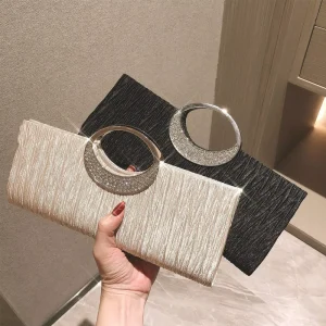 New Fashion Women’s Square Satin Pleated Evening Party Clutch Rhinestone Decorated Wedding Purse Wallet Handbag