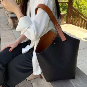New Genuine Leather Trapeze Half Moon Color-Block Large Capacity Wide Strap Open Closure Bucket Bag Simple Women’s Single