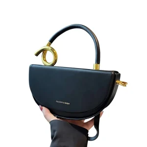 New HK Women’s Elegant Fashionable PU Leather Crossbody Bag Semicircular Handbag Polyester Lining Vintage Chains