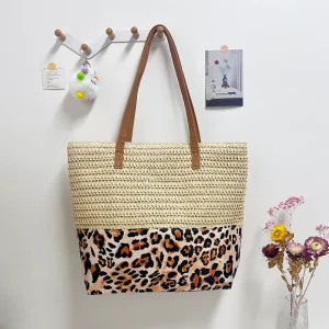 New Hand Woven Raffia Straw Leopard Stitching Large Capacity Portable Casual Tote Shoulder Bag with Zipper Closure