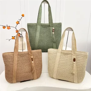 New Handmade Two Straps Woven Straw Bag Fashionable Ins Niche Accessory Casual Beach Handbag Women Bag