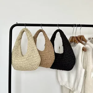 New Ladies Cloud Shoulder Handmade Woven Straw Bag European American Style Fashion Zipper Closure Single Strap Polyester Lining