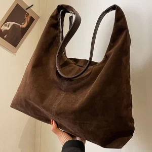 New Large Capacity Handheld Shoulder Suede Leather Bag With Deer Skin Velvet Retro Small Versatile Tote Bucket For Women Work