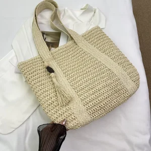 New Large Capacity Solid Color Straw Tote Bag Open for Women Summer Seaside Holiday All Match Hand Held Shoulder Bag