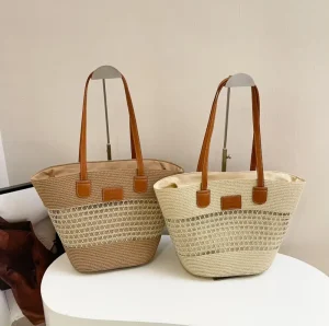 New Minimalist Hollow Out Hexagon Mesh Woven Tote Bag with PU Handle Large Capacity Straw Beach Bag for Summer Vacation
