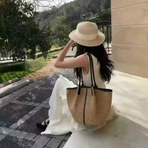 New Natural Straw Tote Bag for Women with PU Straw Trim Large Capacity Casual Beach Shoulder Bag