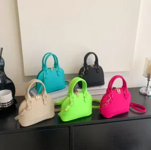 New Neon Crossbody Purse with Top Handle Textured Mini Dome Satchel with Double Zipper Colorful Shell Bag for Girls
