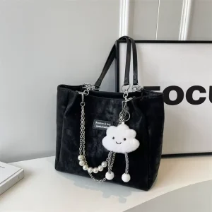 New Pearl Chain Canvas Tote Bag with Cloud Pendant Large Capacity Shoulder Handbag for Girls