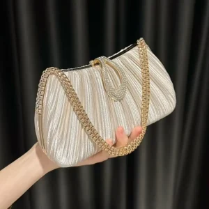New Polyester Satin Pleated Evening Bag Womens Handbag Chain Strap Clasp Closure Celebrity Dress Cheongsam Party