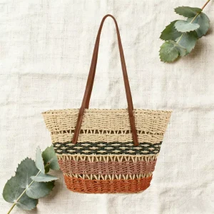 New Retro Handmade Color Striped Single Shoulder Straw Woven Hollow Paper Rope Large Capacity Versatile Casual Women’s Bag
