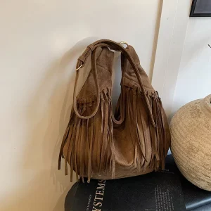 New Retro Single-Shoulder Suede Handbag For Women Versatile Candy Pattern Underarm Bag With Tassel Lady Style