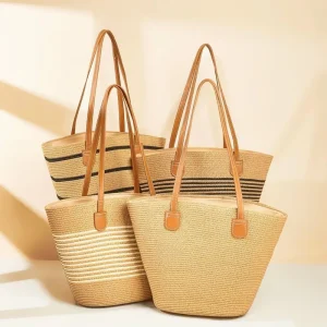 New Seaside Woven Straw Zipper Shoulder Bag French Country Style European American Retro Resort Vibe Large Capacity Women