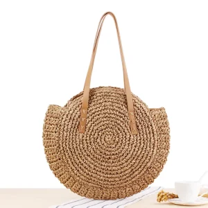 New Simple Round Shoulder Straw Bag Handmade Woven Beach Bag Fashion Women’s Straw Bags