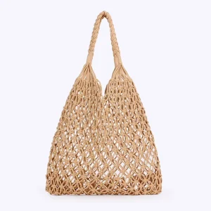 New Solid Color Single Shoulder Woven Trendy Women’s Forest Style Straw Large Beach Handmade Rope Net Vacation Bag