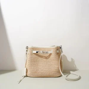 New Split Leather Woven Bucket Bag Summer Seaside Holiday Style Contrasting Color All Match Crossbody Polyester
