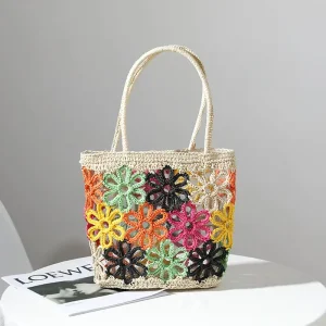 New Straw Bag Hollow Colorful Flower Straw Bag Woven Women’s Shoulder Portable Handbags Seaside Vacation Beach Rattan Bag