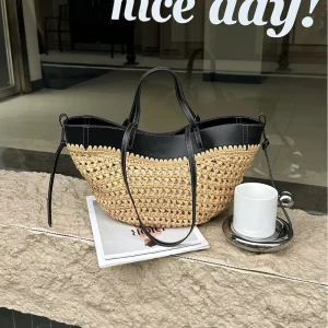 New Straw Woven Genuine Leather Lining Solid Pattern Summer Multi functional Leisure Shoulder Handbag Large Women’s Bag
