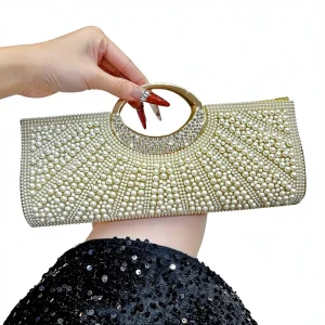 New Style Elegant Magnetic Buckle Closure Polyester Clutch Evening Bag Shiny Diamond Pearl Decoration