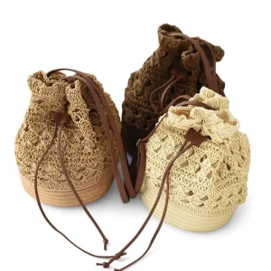 New Style Fresh Sweet Straw Woven Large Capacity Bucket & Knitted Women’s Shoulder Crossbody Bag Draw Belt Closure Autumn