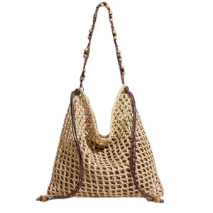 New Style Reusable Lightweight Breathable Eco Friendly Straw Tote Bag Beading Decoration Zipper Closure for Women Travel