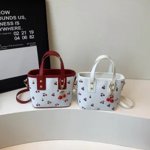 New Stylish Cherry PU Shoulder Bag Fashionable Small Chains Cute Handbag Commute Portable Bucket Women’s Crossbody Tote Bags