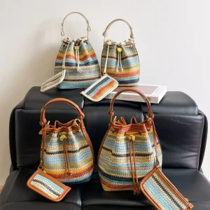 New Summer Beach Women’s Bag Bucket Bag Colorful Personalized Bamboo Vacation Straw Ladies Shoulder Bag
