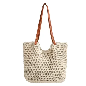 New Summer Fashion ACKI Straw Woven Tote Bag Large Capacity Single Handle Open Design Beach Bag