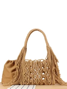 New Summer Handmade Macrame Organic Cotton Rope Crochet Tote Bag Eco Friendly Women Bohemian Beach Handbag with Tassels