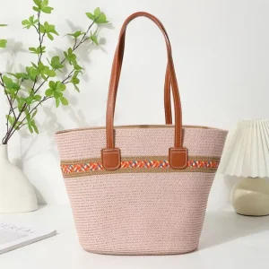 New Summer Rainbow Contrast Color Straw Handbag Large Capacity Portable Vegetable Basket Woven Tote Bag
