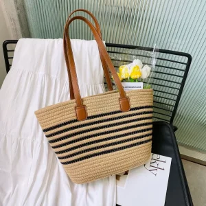 New Summer Versatile Shoulder Bag for Women Woven Grass Woven Bag Large Capacity Zipper Closure PU Commuting Beach Bag