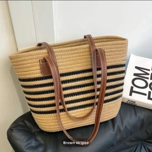 New Summer Women’s Large Capacity Straw Woven Shoulder Tote Bag Fashionable for Seaside Vacation Beach Use