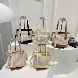 New Textural Straw Bag Shoulder Crossbody Pack Casual Contrast Bucket Bag Fashionable Portable Women’s Bag