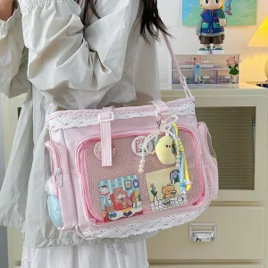 New Trendy Kawaii Cosplay Conventions Clear Tote Bag Cute Anime Display Purse With Lace Trim Plush Charm