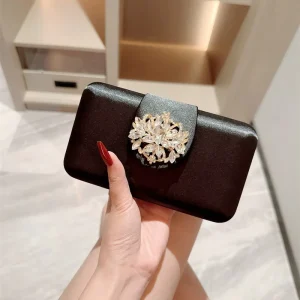 New Trendy Party Banquet Dinner Purses Black Leather Women Evening Bags Clutches with Rhinestone Flower Buckle