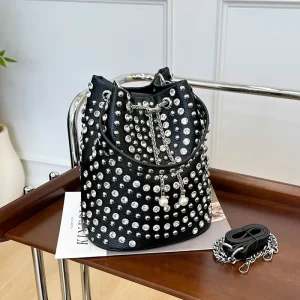 New Trendy Rivet Ladies Crossbody Purse Large Capacity PU Leather Luxury Women Shoulder Bag Women’s Bucket Bag with Diamond