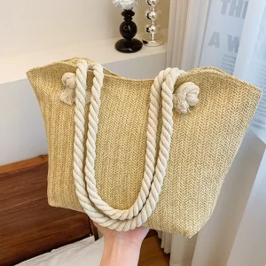 New Trendy Soft Straw Tote Bag Large Capacity Shoulder Bag with Zipper Closure Fresh Simple Woven Handbag for Women