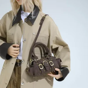 New Trendy Versatile Retro Biker Bag Matte Frosted Rivet Design Top Handle Shoulder & Crossbody Bag
