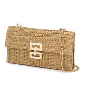 New Vacation style Multi compartment Chain Strap Clasp Woven Straw Shoulder Bag