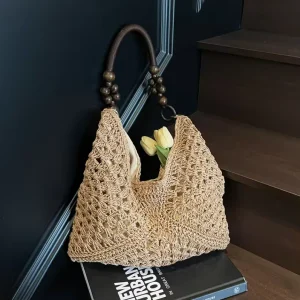 New Vintage Handmade Crochet Bag with Wooden Bead Handle Aesthetic Hollow Out Woven Tote Bag for Summer Beach Vacation