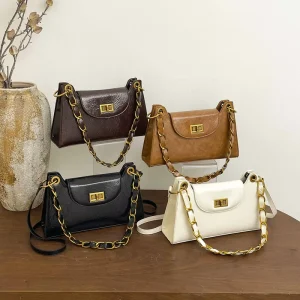 New Vintage Oil Wax Pu Leather Shoulder Bag for Women Luxury Chain Crossbody Handbag Retro Designer Style Clutch Purse