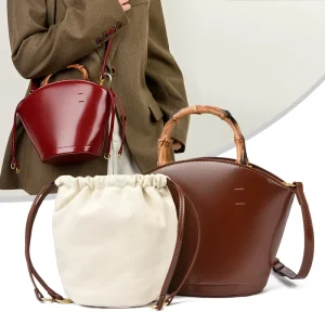 New Water Bucket Leather Women’s Handbag with Inner Drawstring Bag Single Shoulder Crossbody