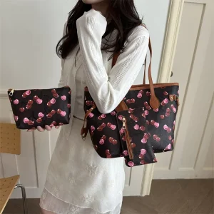 New Women’s Cherry Print Tote Bag 3 in 1 Set PU Leather Handbag with Matching Pouch Large Shoulder Bag for Work Daily Use