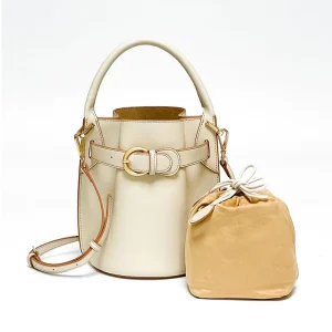 New Women’s Genuine Leather Bucket Bag Casual High Level Pleated Shoulder Crossbody Handbag