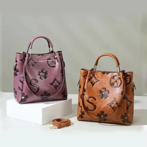 New Women’s PU European American Vintage Fashion Handbag Large Capacity Bucket Tote Bag with Embossed Design Polyester Lining