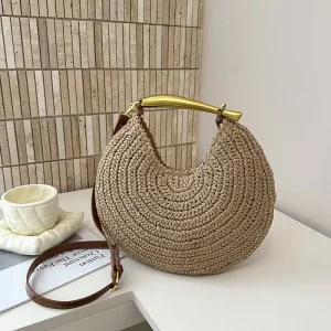 New Women’s Round Straw Woven Shoulder Bag Handmade Circular Crossbody Handbag Summer Beach Boho Fashion Raffia Tote Bag