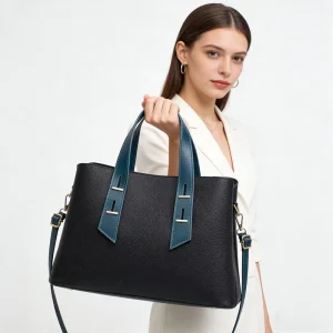 New Women’s Structured PU Leather Tote Bag Multi-Color Top Handle Handbag with Detachable Crossbody Strap