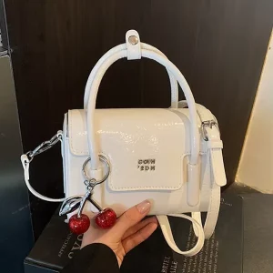 New Women’s Vintage Ruched Cherry Charm Mini Handbag Glossy PU Leather Top Handle Crossbody Bag Casual Small Shoulder Purse