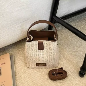New Woven Bucket Bag for Women Straw Crossbody Handbag with Top Handle Casual Shoulder Bag for Summer